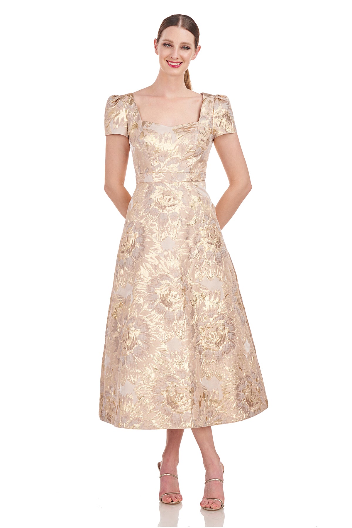 kay unger gold dress In rich autumn gold, the Marcella dress boasts luxurious textured jacquard and pockets, merging glamour with comfort