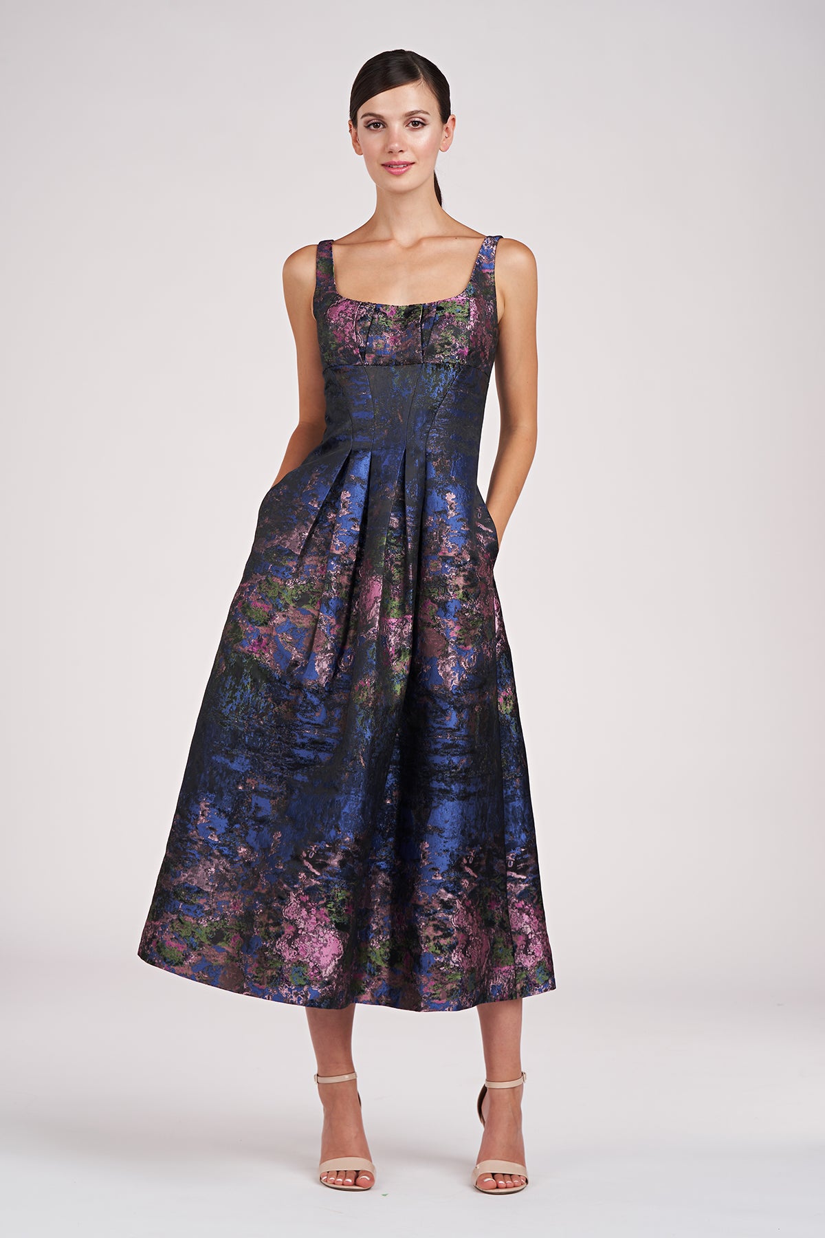 KAY UNGER Waverly Tea Length Dress In Turkish Blue Floral Pattern Size 6  NWT