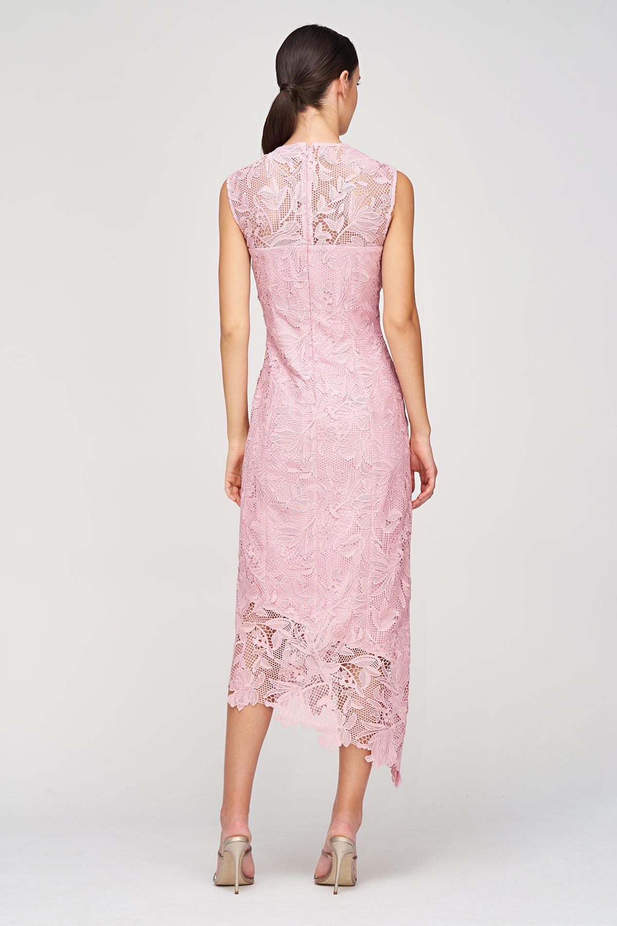 dusty pink lace detail asymmetric hem midi dress Light Pink Multi Scarf Print Dress - Lace-Up Dress - Ruffled Midi
