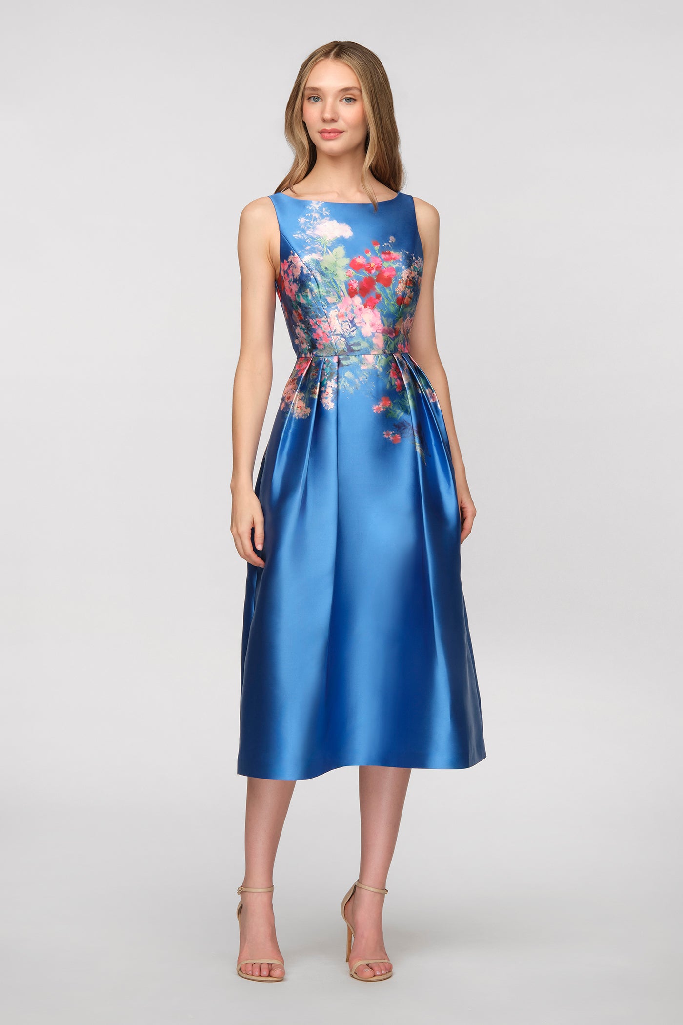 blue floral tea length dress Dina – Kay Unger spring_event Size:16½ 36/37 Black Asymmetrical Dresses | The flowing skirt offers