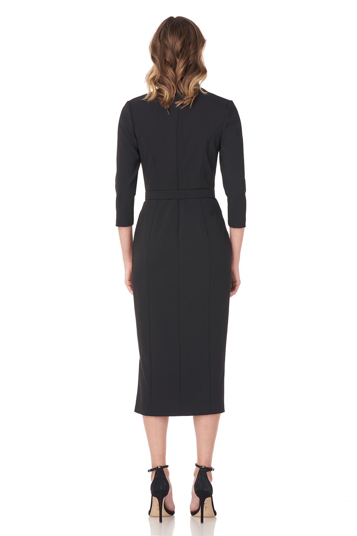 Kay Unger Greyson Pleated-Sleeve Crepe Midi Dress Navy Womens Size