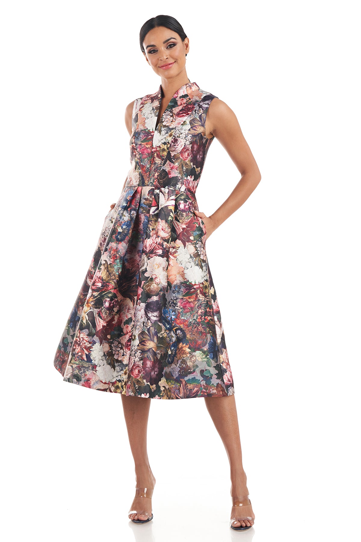 Kay Unger Metallic Floral Print Sleeveless Fit and Flare Tea