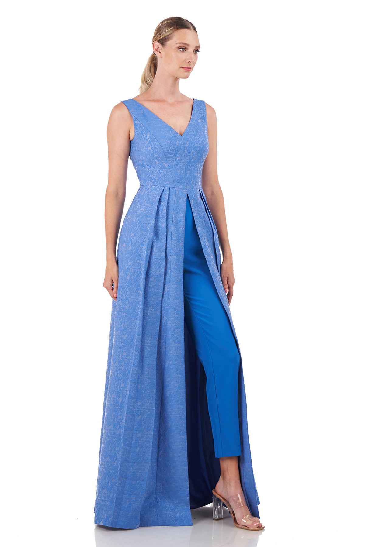 💙 KAY UNGER Peacock Blue Alessandra Jumpsuit Gown Overlay Stretch Crepe 10  US