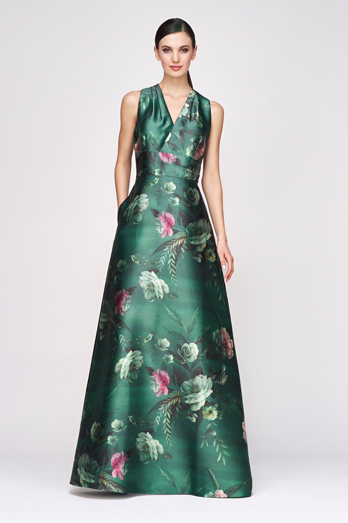 kay unger formal dresses Women's Jayla Gown - Blue - Size 10 Hydrangea placement print on mikado Kay Unger Mariah Gown in