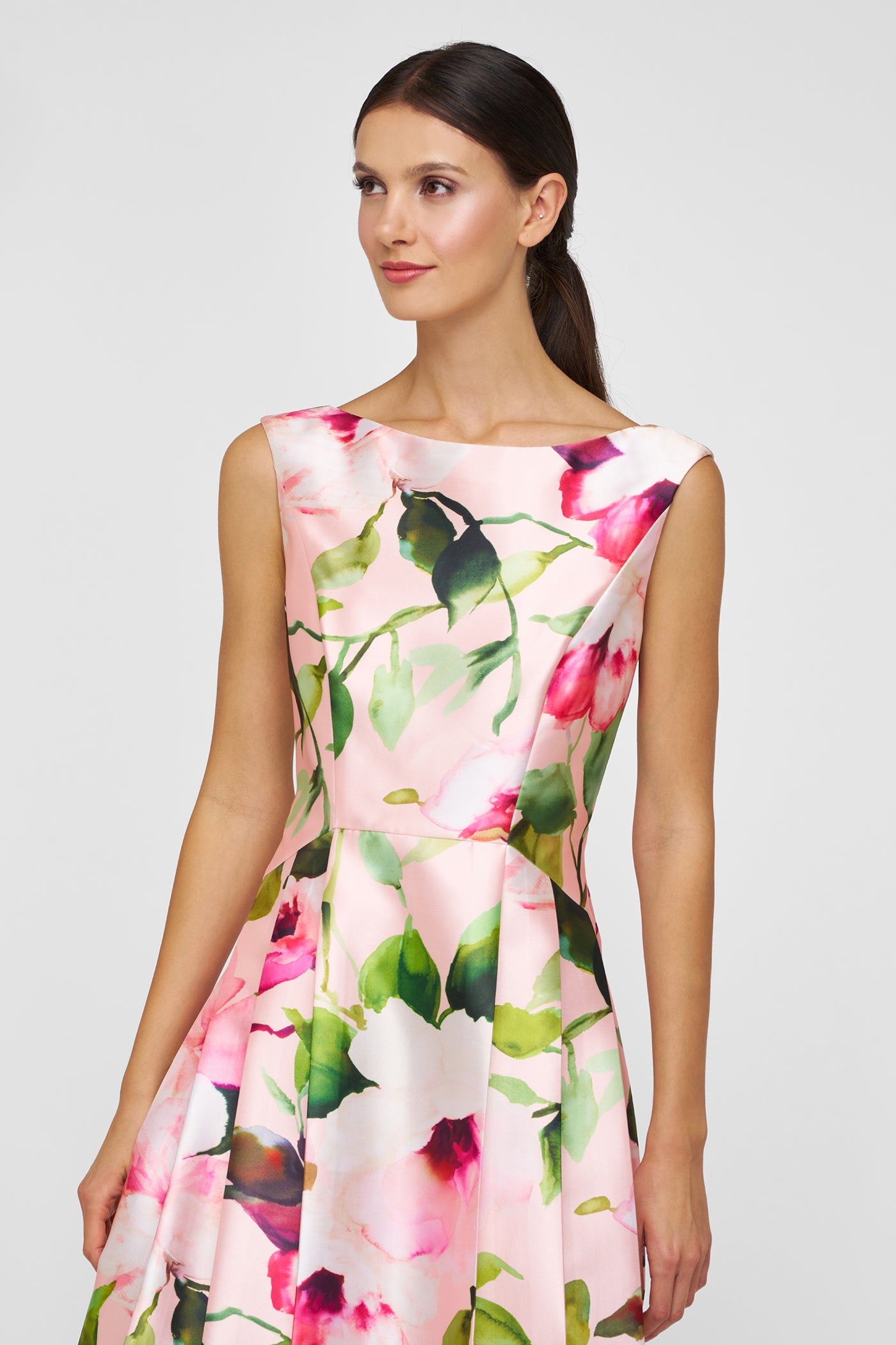 kay unger pink floral dress Kay Unger New York Sleeveless Pleated Floral-Print Chiffon Gown