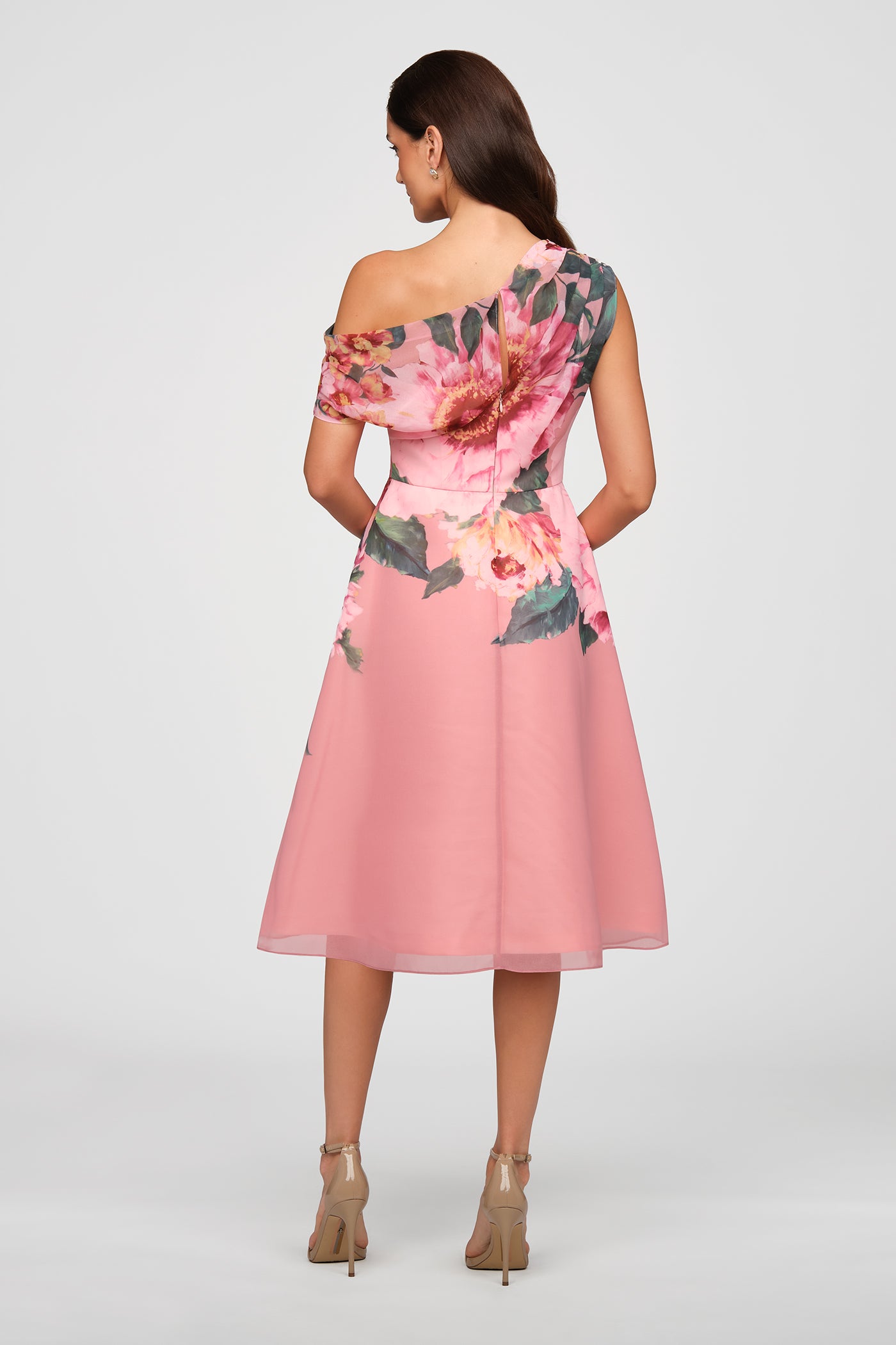 pink tea dress midi Sleeveless Pink Midi Wedding Guest Dress with Roses Soft Blush / Small