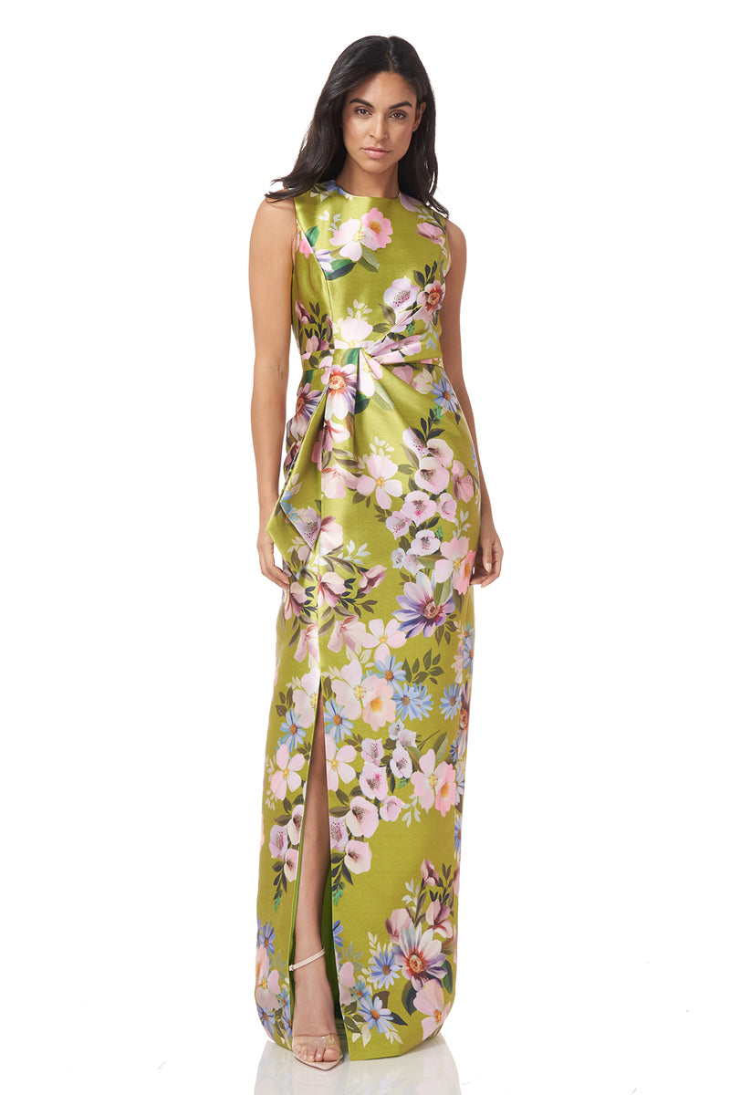 Kay Unger - Reese Floral 3D Bow Gown - Chartreuse Foxglove Floral